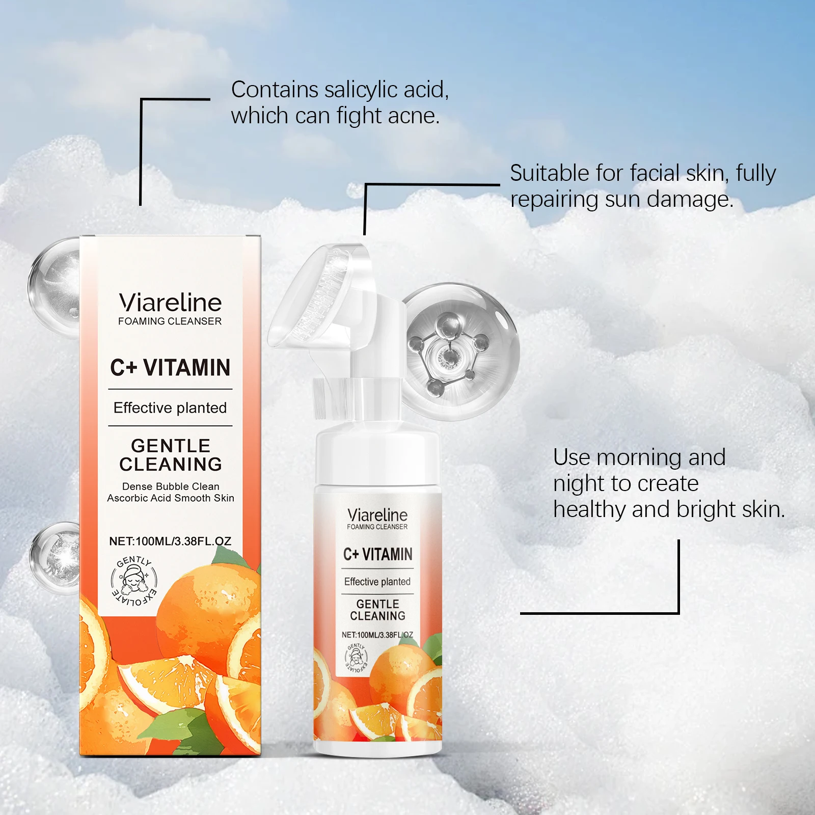 Viareline فيتامين C منظف الوجه فقاعة غنية إزالة الأوساخ المسام ترطيب لا ضيق تعزيز النعومة منظف الوجه مع فرشاة