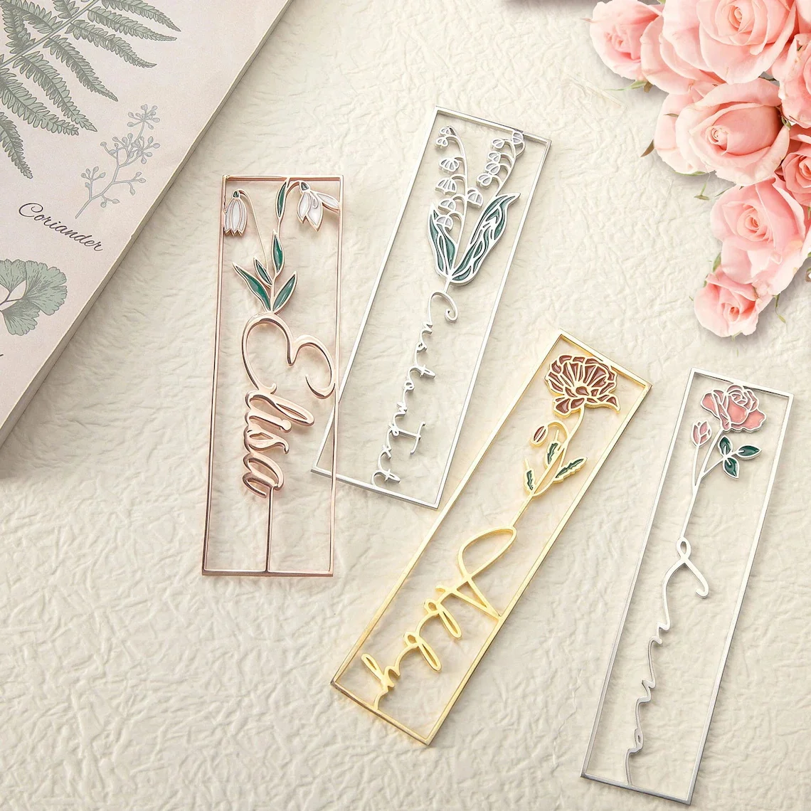 Personalized Custom Birth Flower Name Bookmark Stainless Steel Colorful Birthday Flower Bookmark For Women Men Jewelry Gifts