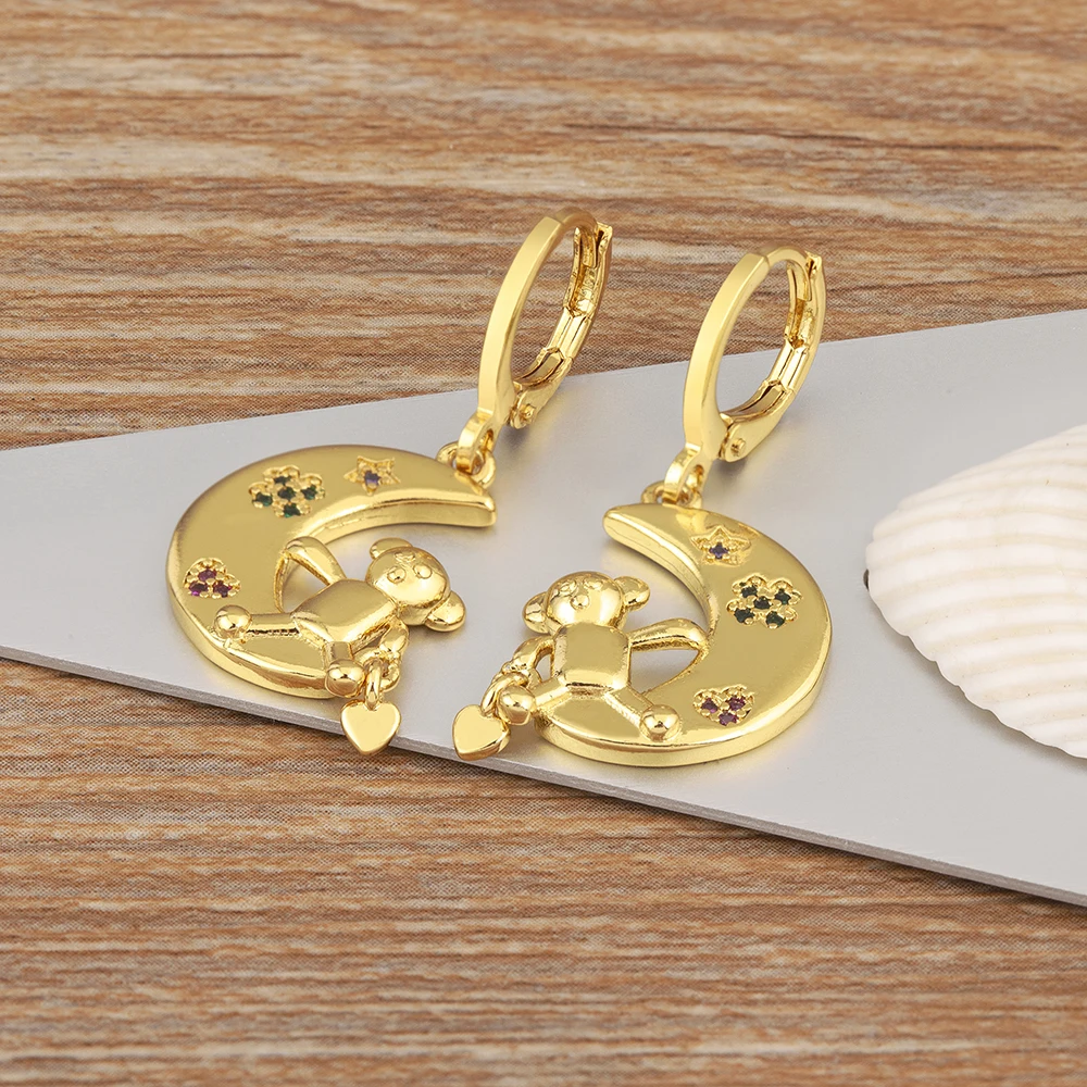 Nidin ต่างหูพลอยเทียมรูปหัวใจหมีน้อยดวงจันทร์ดีไซน์สร้างสรรค์ใหม่สำหรับผู้หญิงเด็กผู้หญิงแฟชั่นหูน่ารักเครื่องประดับงานเลี้ยงทุกวันของขวัญ