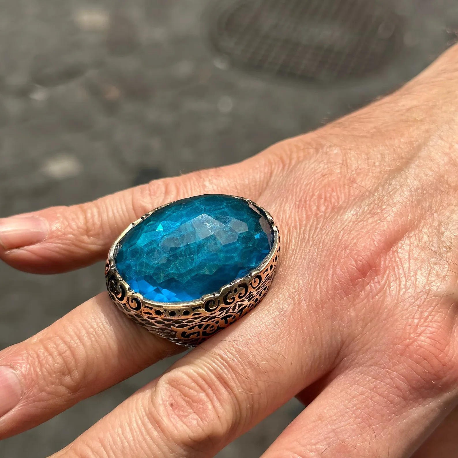 Silver Large Aqumaine Stone Ring , Man Blue Zircon Stone Ring Ottoman Style Ring Turkish Handmade Sterling Silver Gift For