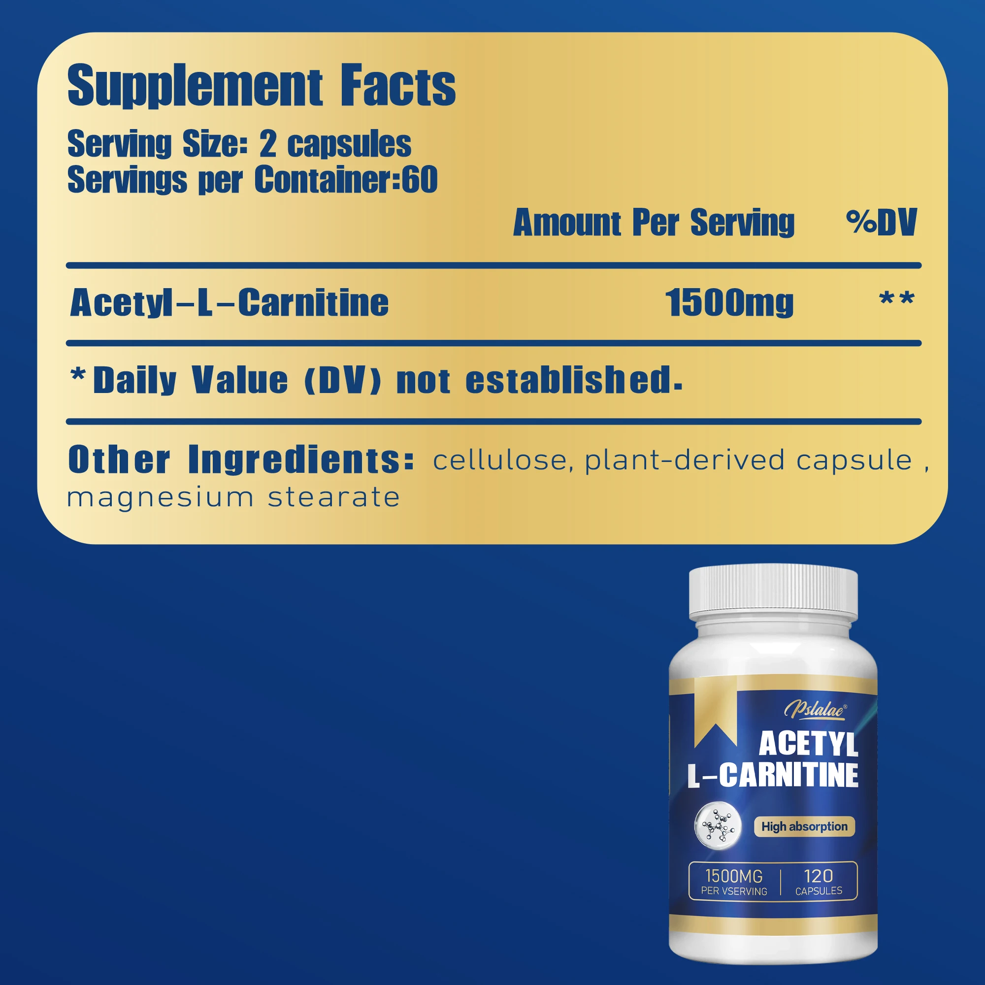 Acetyl L-Carnitine - Natural Energy Production, Promote Metabolic, Supports Memory and Concentration - 120 Capsules