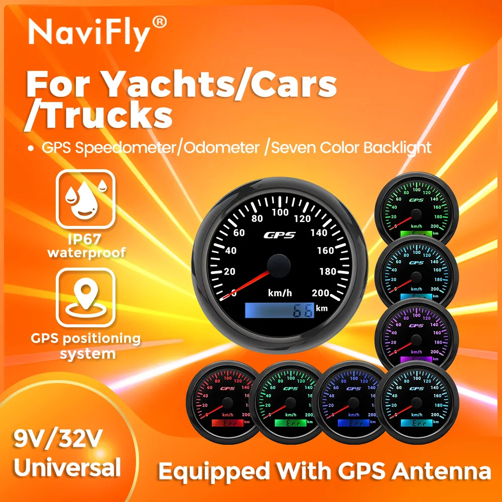 

GPS-спидометр Navifly HD 85 мм для мотоциклов, лодок, автомобилей, грузовиков, с 7-цветной подсветкой и GPS-антенной, водонепроницаемый (IP67)
