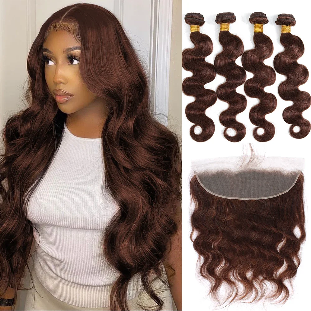 Bruine Human Hair Bundels Met Sluiting Gekleurde Braziliaanse Body Wave 3/4 Bundels Met Hd Lace Frontal Closure Extensions Voor Vrouwen - afbeelding 2