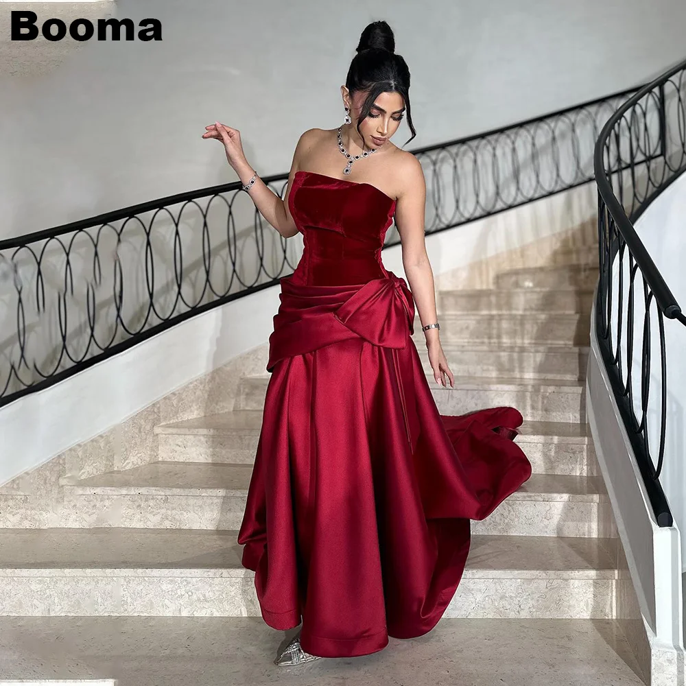 

Booma A-Line Evening Dresses Strapless Velvet Satin Formal Occasion Dresses for Women Pleats Party Prom Dress Customized