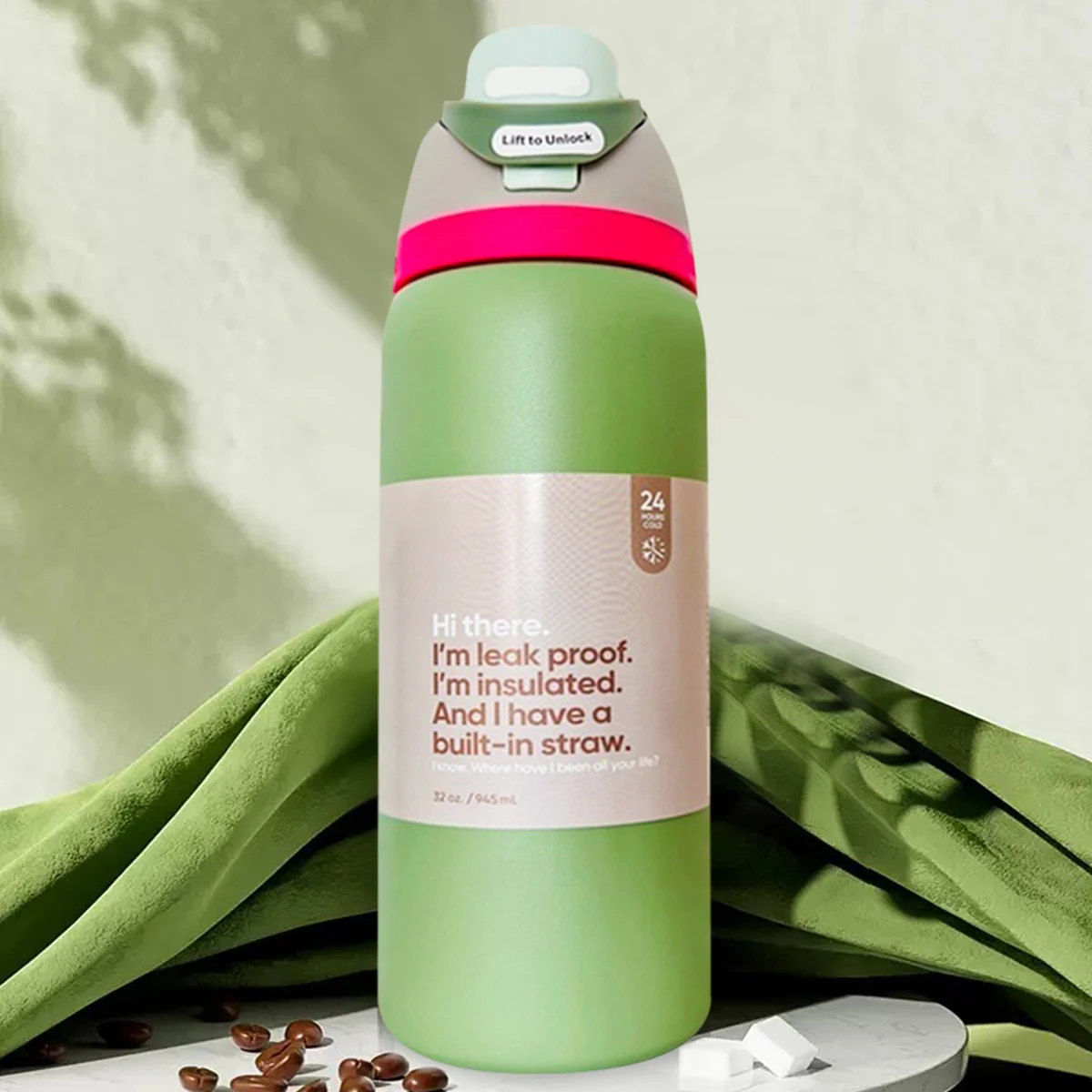 

owalaa Avocado green Water Bottle, 32 oz, 945 ml, retains heat for over 24 h.