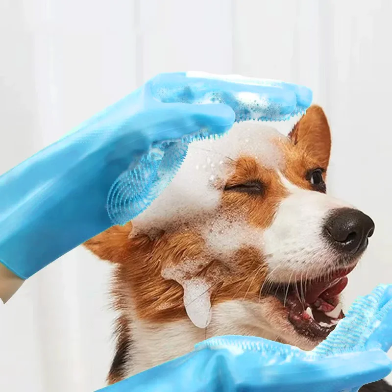 Luva de banho para animais de estimação – Luva de silicone para cães e gatos, massagem e deshedding, à prova d'água, resistente à mordidas (azul/rosa)