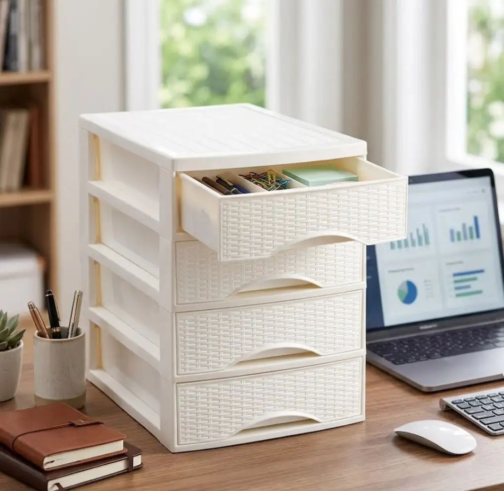 Unité de rangement de bureau A4 style osier avec 2/3/4 tiroirs, organiseur de bureau en plastique PP pour le bureau et la maison, 26x36 cm