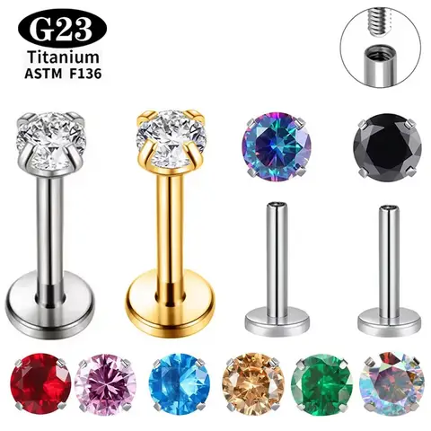 ASTM F136 Titanyum Kulak Dudak Burun Piercingleri CZ Üstlü Labret Piercing İçten Dişli Küpeler Dairesel Çoklu Boyut Piercing Vücut Takısı