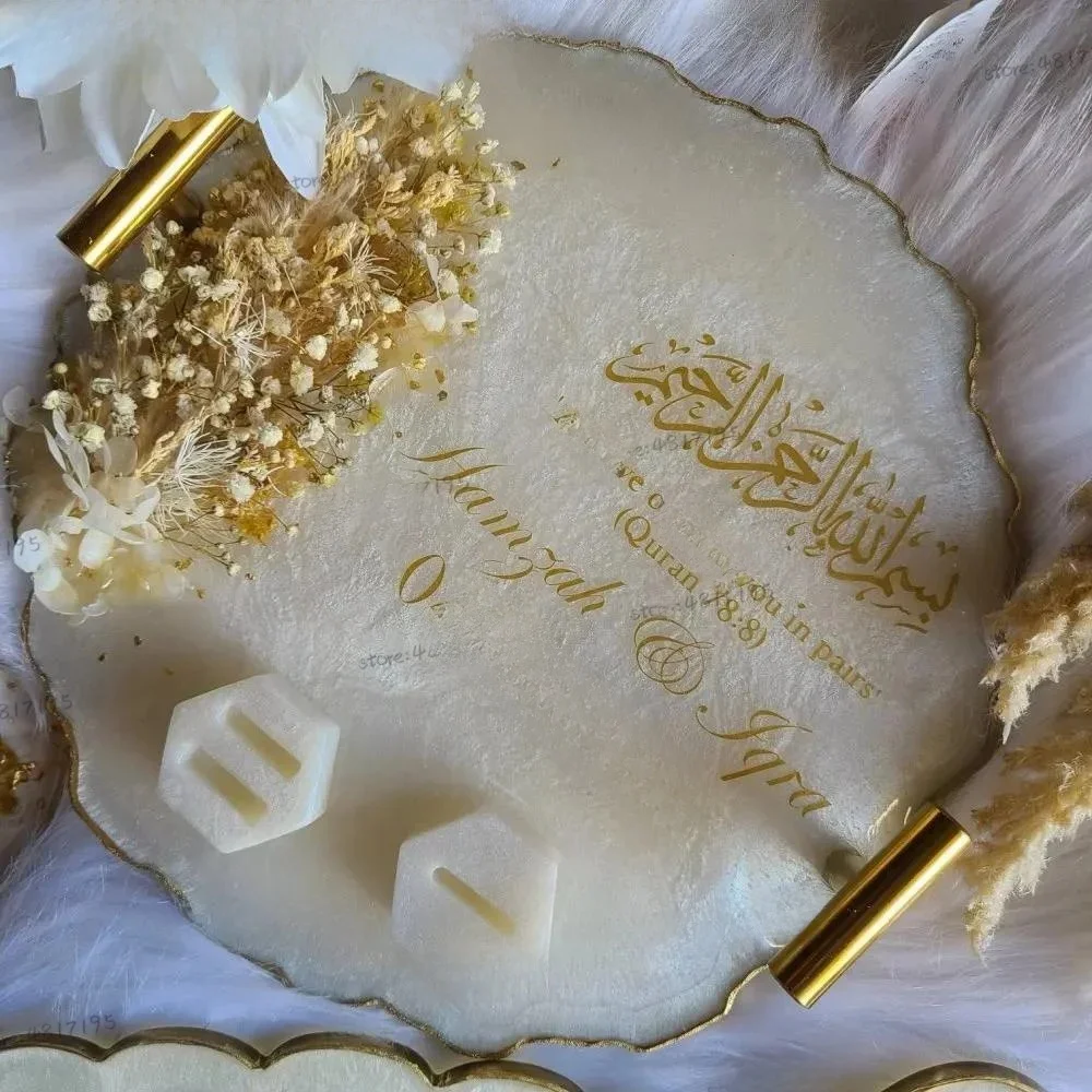 Muzułmańskie lustro ślubne naklejki winylowe spersonalizowany znak płytki Nikkah obrączka naklejki na płytki niestandardowe nazwy i daty naklejki — zdjęcie 2