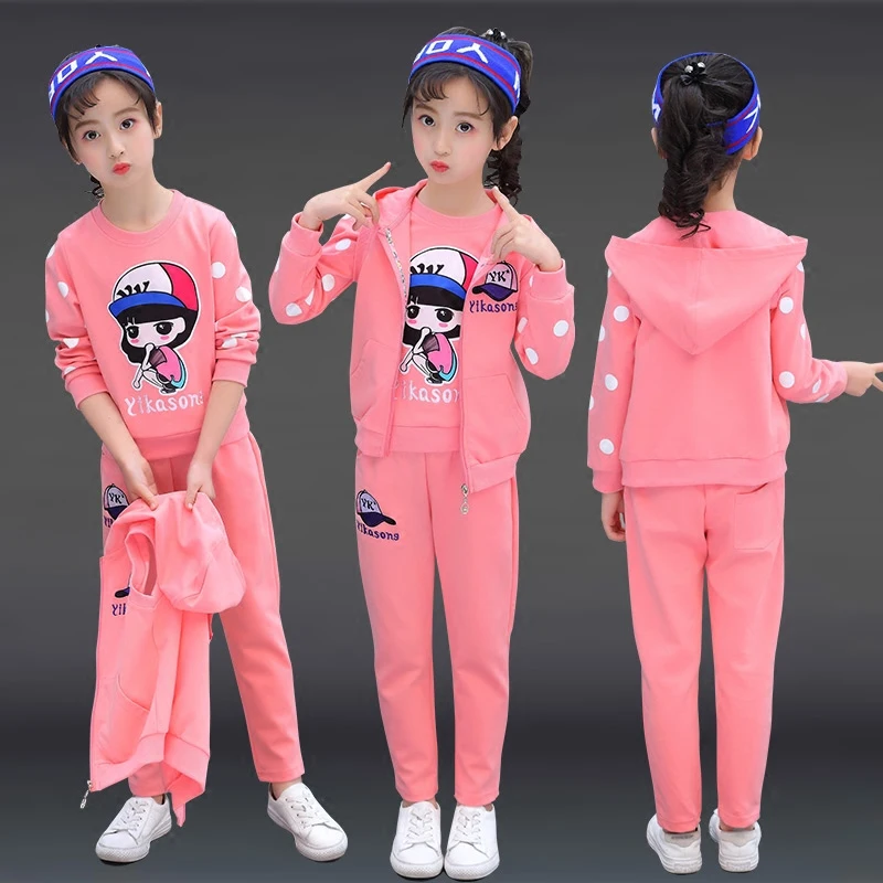 

3pcs Girls Pink Clothes Set 2024 Spring Autumn Sweatshirt+ Vest + Pants Set Teen Girls School Sportwear Outfits 4 6 8 10 12 year