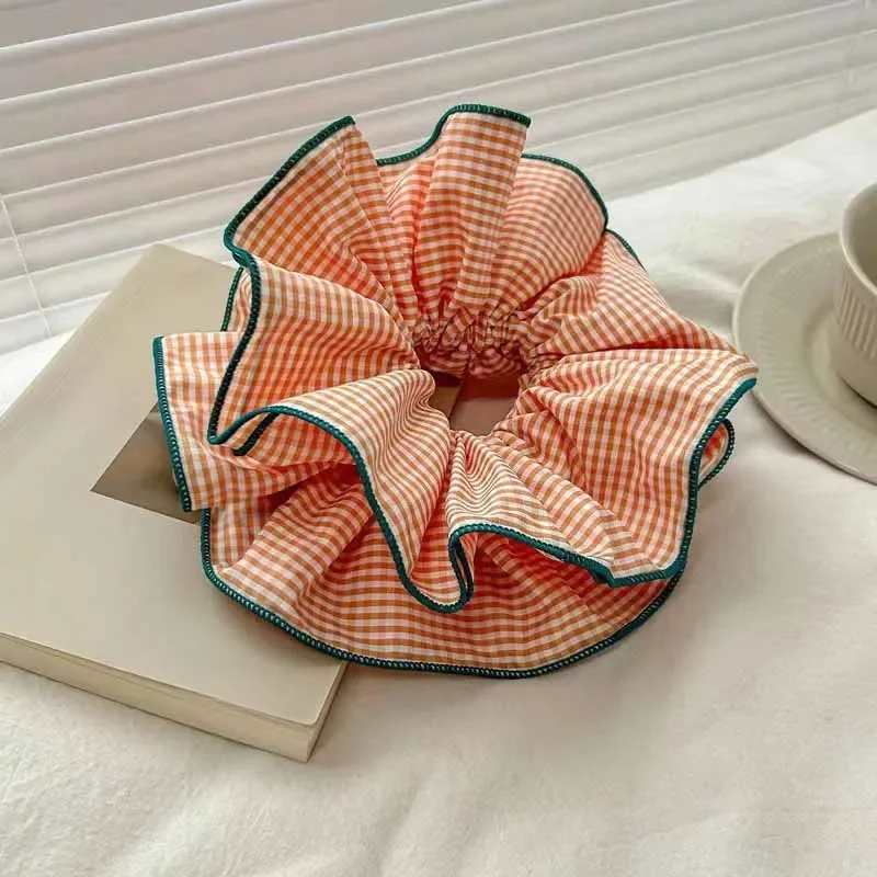 INS Ballet Style contraste couleur Plaid à volants bord élastique bandes de cheveux femmes doux coréen cheveux chouchous 4 couches grand bandeau