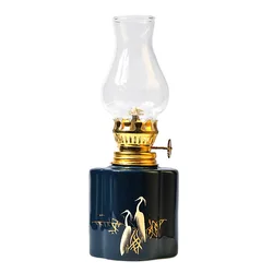 Vintage Ceramic Oil Lamp, 7.17-Inch Kerosene Lantern with Adjustable Flame for Meditation, Camping, and Home Decor
