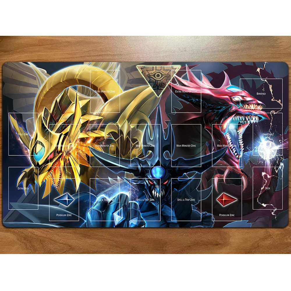 Tapete de Jogo Yu-Gi-Oh com Três Deuses Egípcios: Obelisco, o Tormentor, Slifer, o Dragão do Céu, e o Dragão Alado de Ra YGO Mat TCG Yugioh M-139