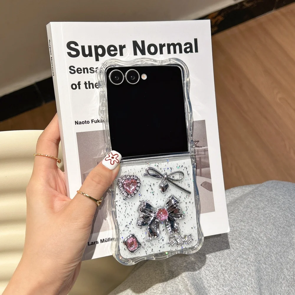 Lichte luxe roze diamanten strik telefoonhoesje, geschikt voor Samsung Z Flip3 4/5/6/7 Pro Max, Korea INS nieuwe schokbestendige beschermhoes