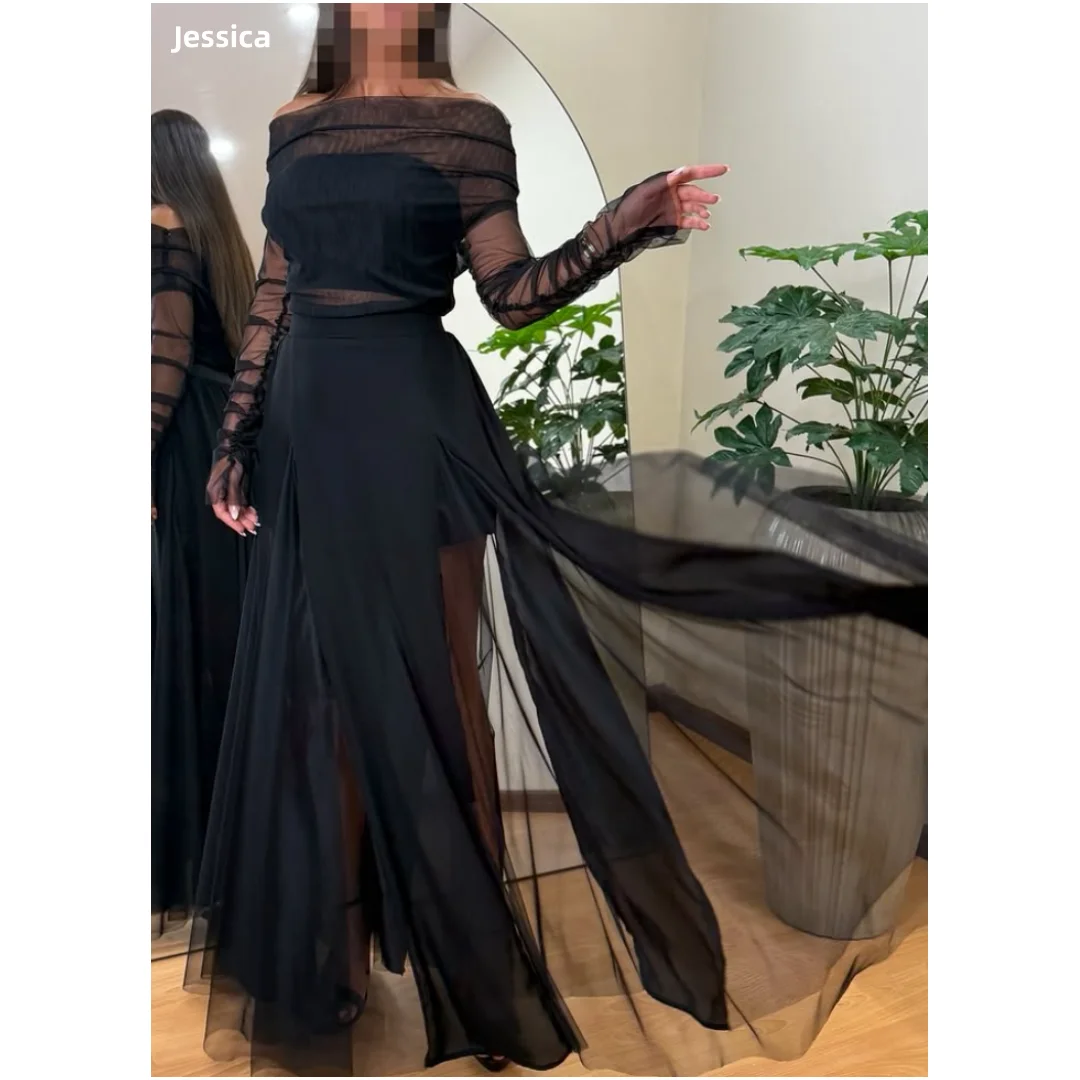 

Jessica Black Evening Dresses Lace Long Sleeves Prom Dresses A-line Elegant Lady Party Dresses Vestidos De Gala Customized