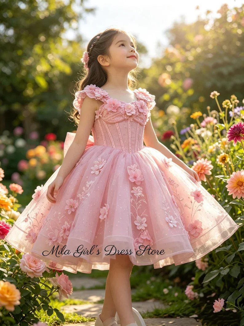 abiti-da-damigella-personalizzati-rosa-con-applicazioni-floreali-vita-alta-per-matrimoni-compleanni-e-prime-comunioni-con-fiocco-e-lunghezza-al-ginocchio