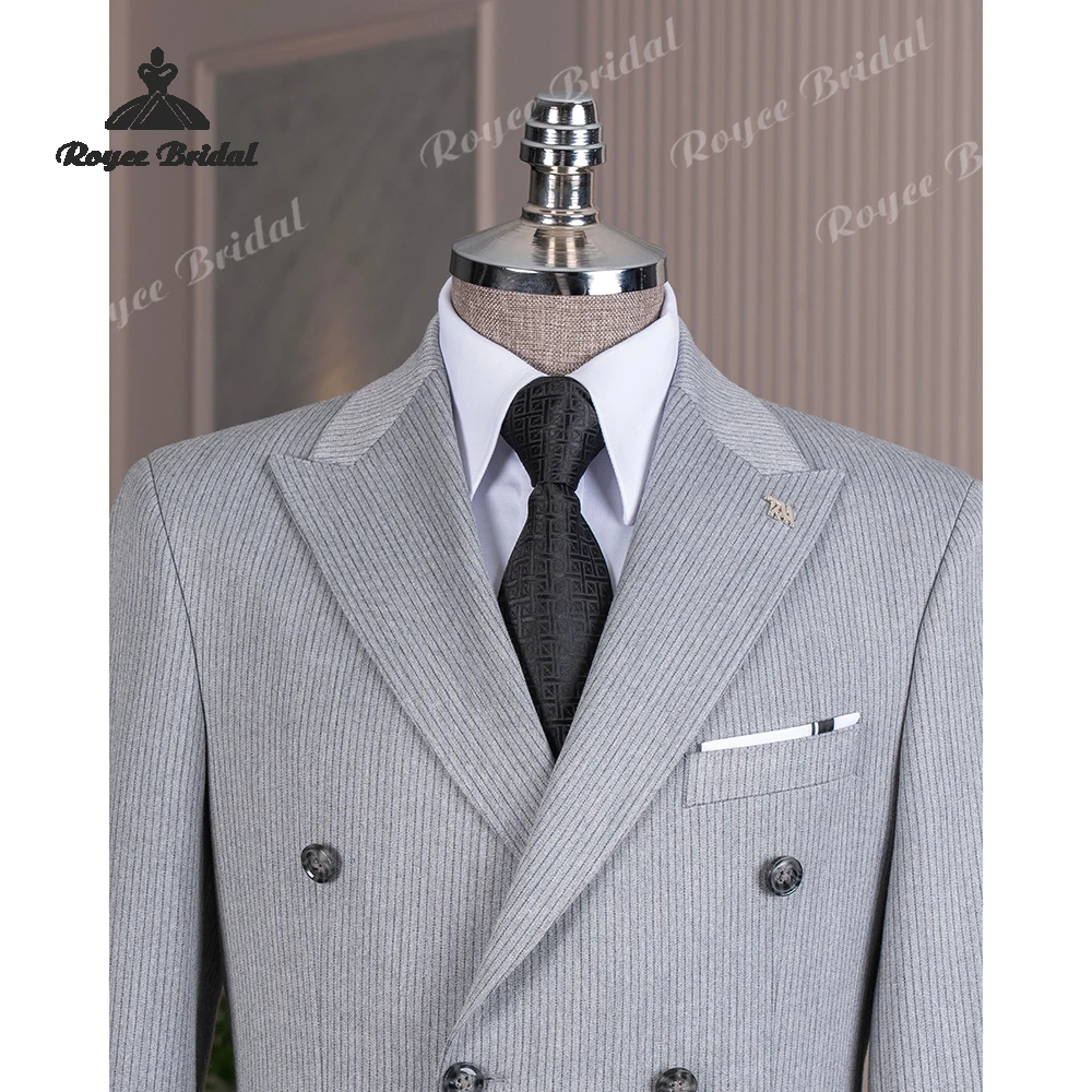 Abito da uomo a due pezzi con risvolto a punta a righe grigie Matrimonio 2026 Abito da sera doppio petto da sera Abiti personalizzati para hombre