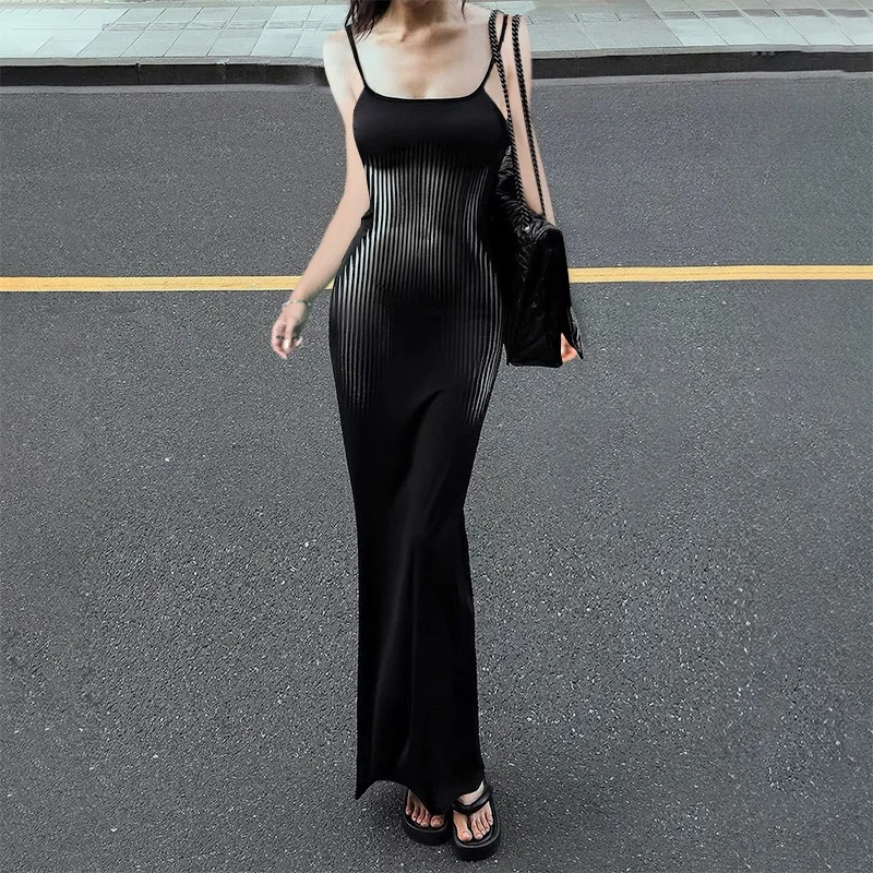 COCOTHIA Square Neck Spaghetti Strap Sleeveless Black Backless Fishtail Maxi Dress Feminine Spring Summer Streetwear Vestidos