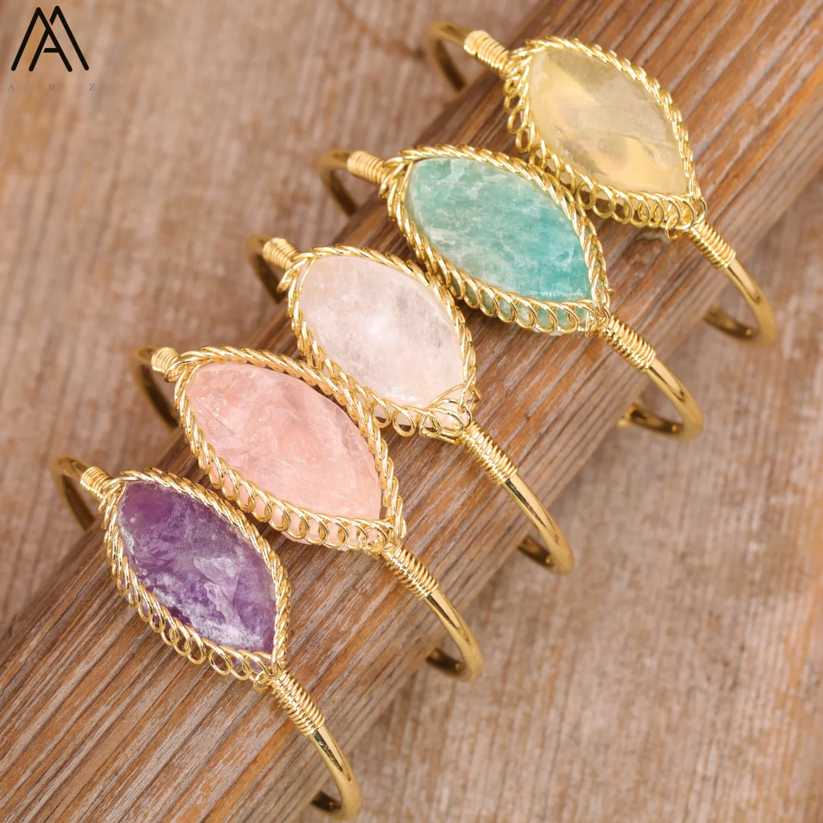 

Elegant Women Amethyst Gold Cuff Bangle Bohemia Tourmaline Rose Crystals Bracelets Fashion Female Party Wedding Jewelry Bijoux