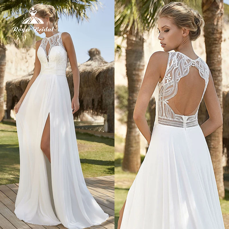 

Beach Boho O-Neck Off the Shoulder Sexy Split Open Back Appliques Lace A-Line Wedding Dress Chiffon Bridal Sweep robe de mariée