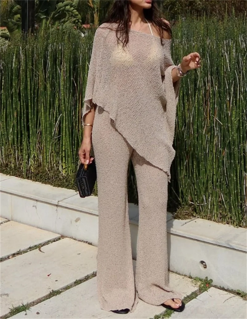 2PCS Women's Sexy Off Shoulder Sheer Knit Top Blouse And Long Pants Beach Swimwear Crochet Bikini Cover-Up Casual Outfits