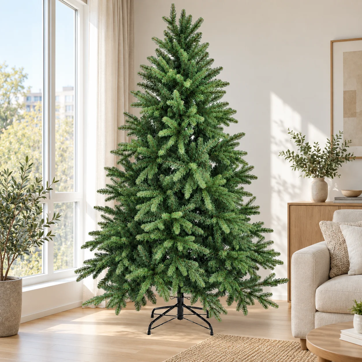 PE PVC Artificial Christmas Tree Realistic Mixed Tips Unlit Green Xmas Fir 120 150 180 210 240cm with Metal Stand