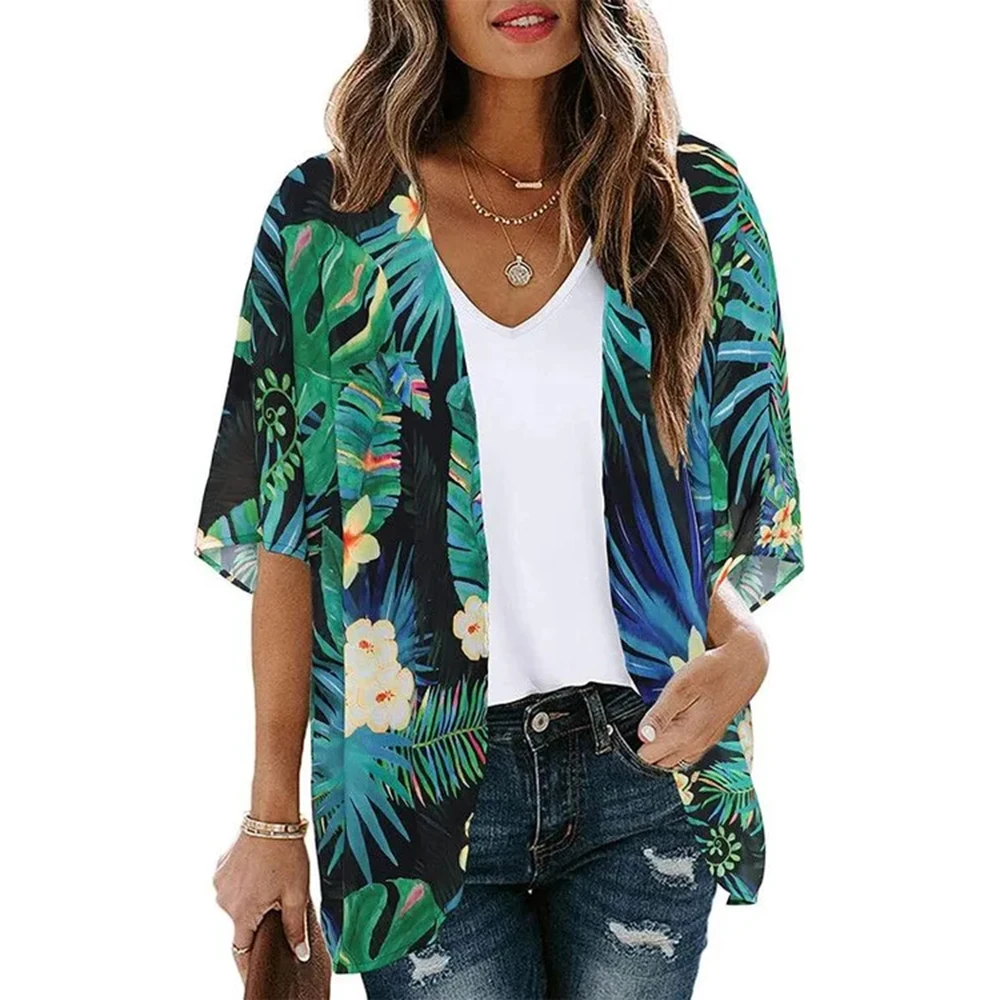 Women'S Floral Print Puff Sleeve Kimono Cardigan Loose Cover Up Casual Blouse Tops Bikini Cover Up Beach Dress Luxury Beach 2023