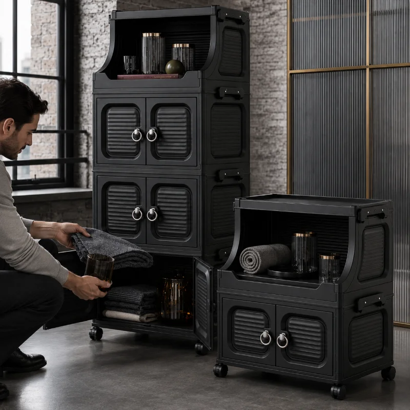 Black Foldable Storage Cabinet with Doors and Wheels, 2–6 Tier Collapsible Rolling Organizer with Open-Top Shelf for Bedroom, Living Room, Bathroom, Kitchen, Office and Dorm