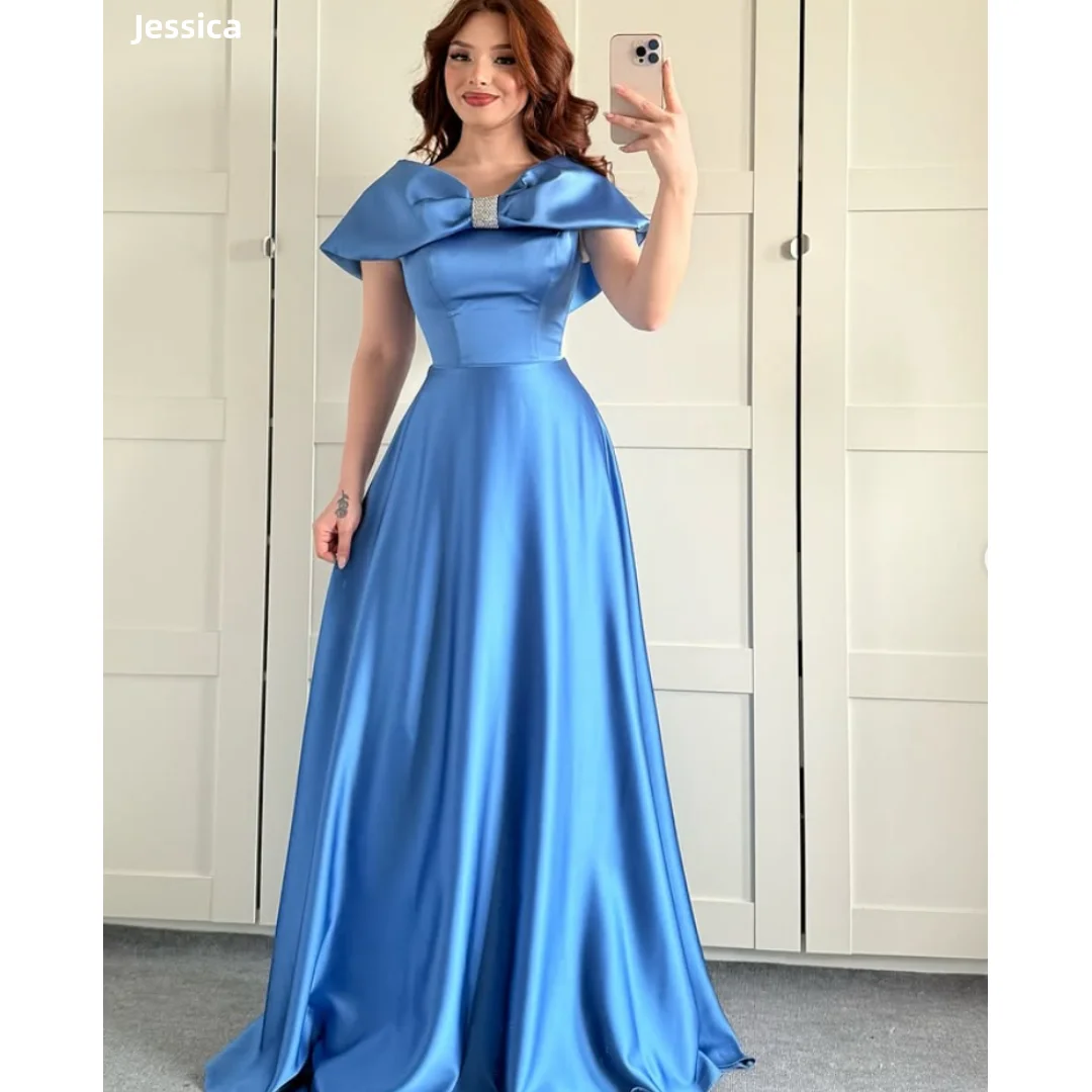 

Jessica Elegant Lady Evening Dresses Blue Satin Luxury Prom Dresses A-line Formal Occasions Vestidos De Fiesta Customized