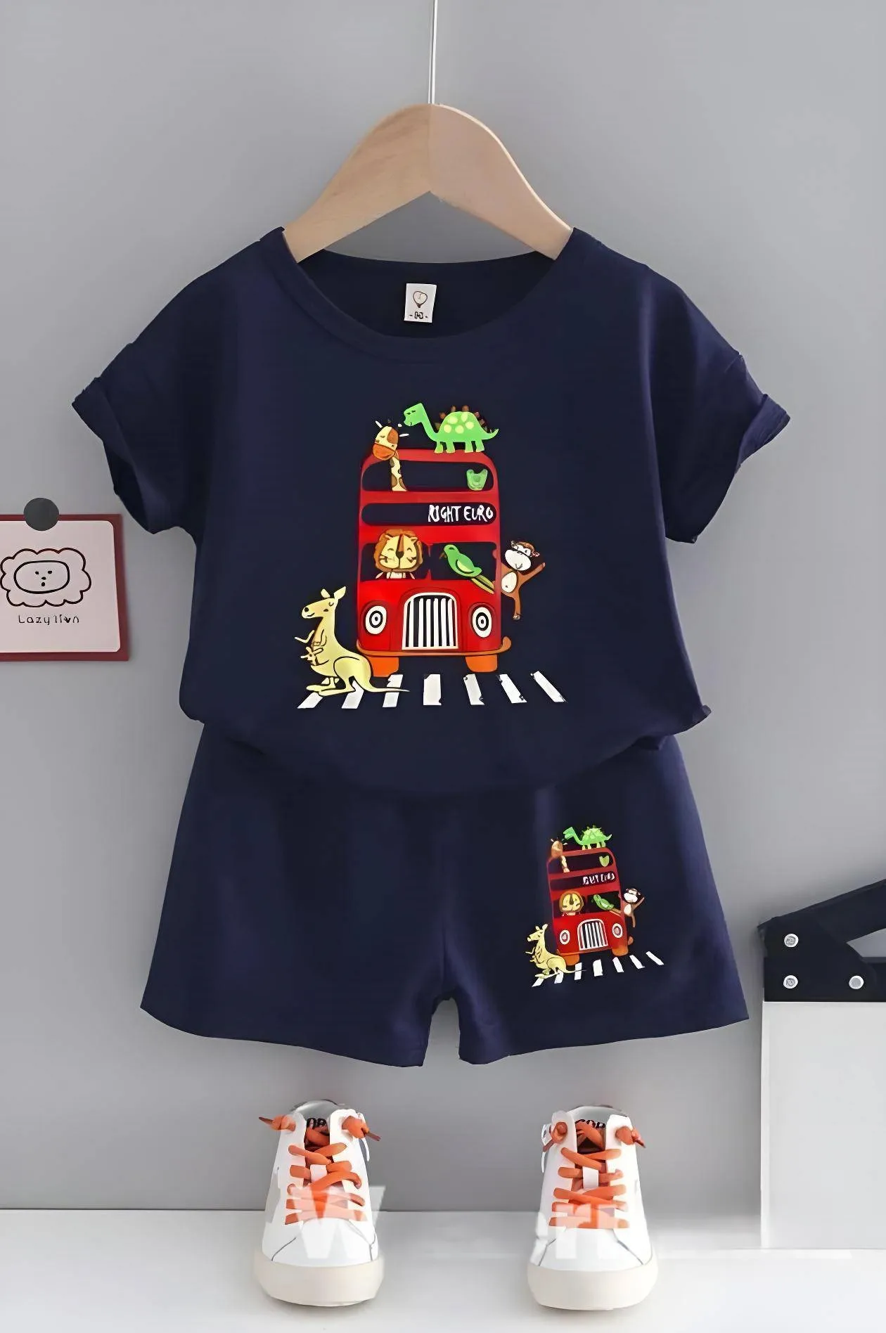 Cotton Animal Funny Bus Detailed Summer Baby Shorts Set-Navy Blue, Baby boy clothes, baby clothes, 3-18M