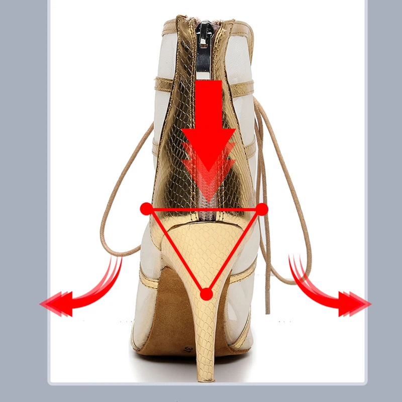 Kadın altın kauçuk/süet taban Latin dans patik kız yüksek topuk dans sandalet kadınlar Lace Up örgü balo salonu caz dans ayakkabıları
