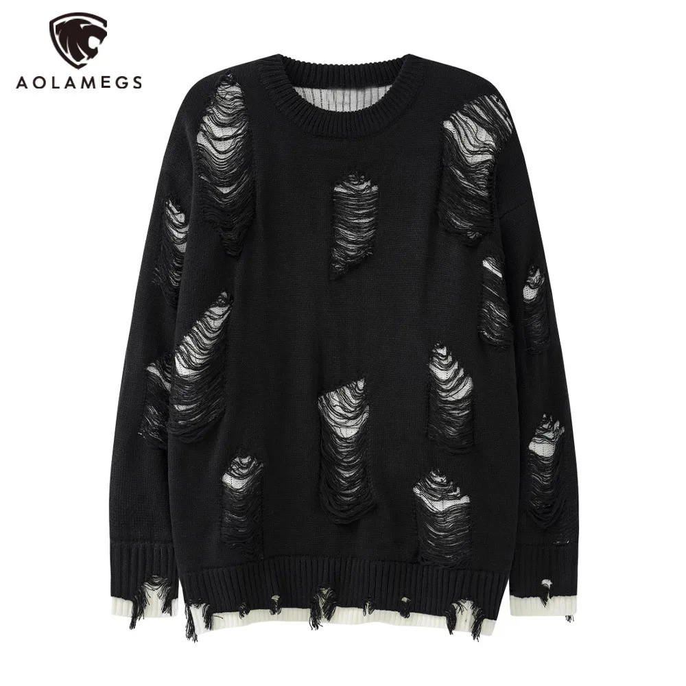 Hip Hop Men False Two Knitwear Sweater Ripper Hole Sweater Autumn Fashion Knitted Solid Color Pullover Harajuku Loose Streetwear