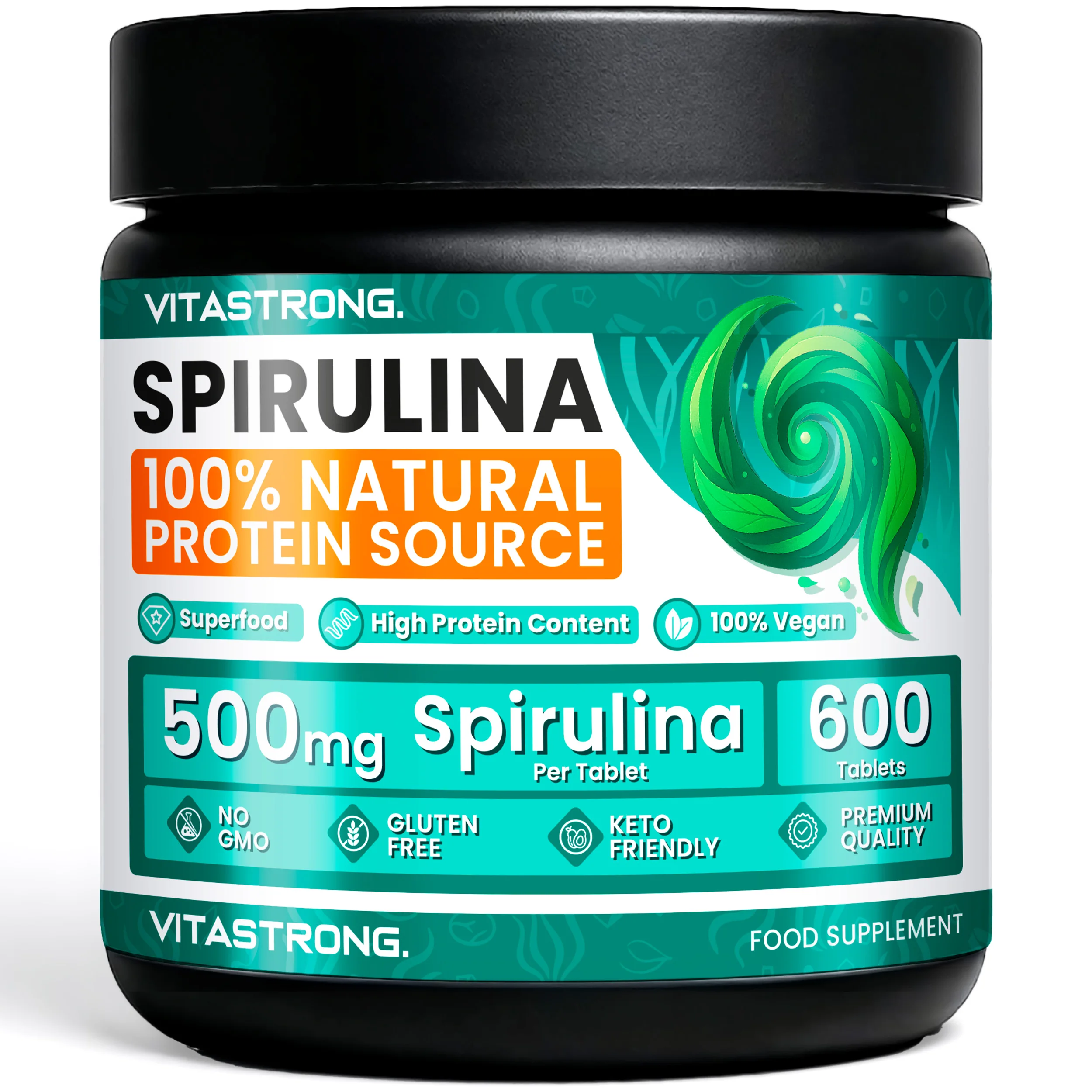 Vitastrong Espirulina 600 Tabletas |   500 mg |   Suministro por 10 Meses |   Espirulina Platensis Pura |   Rico en proteínas vegetales, hierro y vitaminas |   Sin OMG, sin gluten, vegano y compatible con la dieta Keto