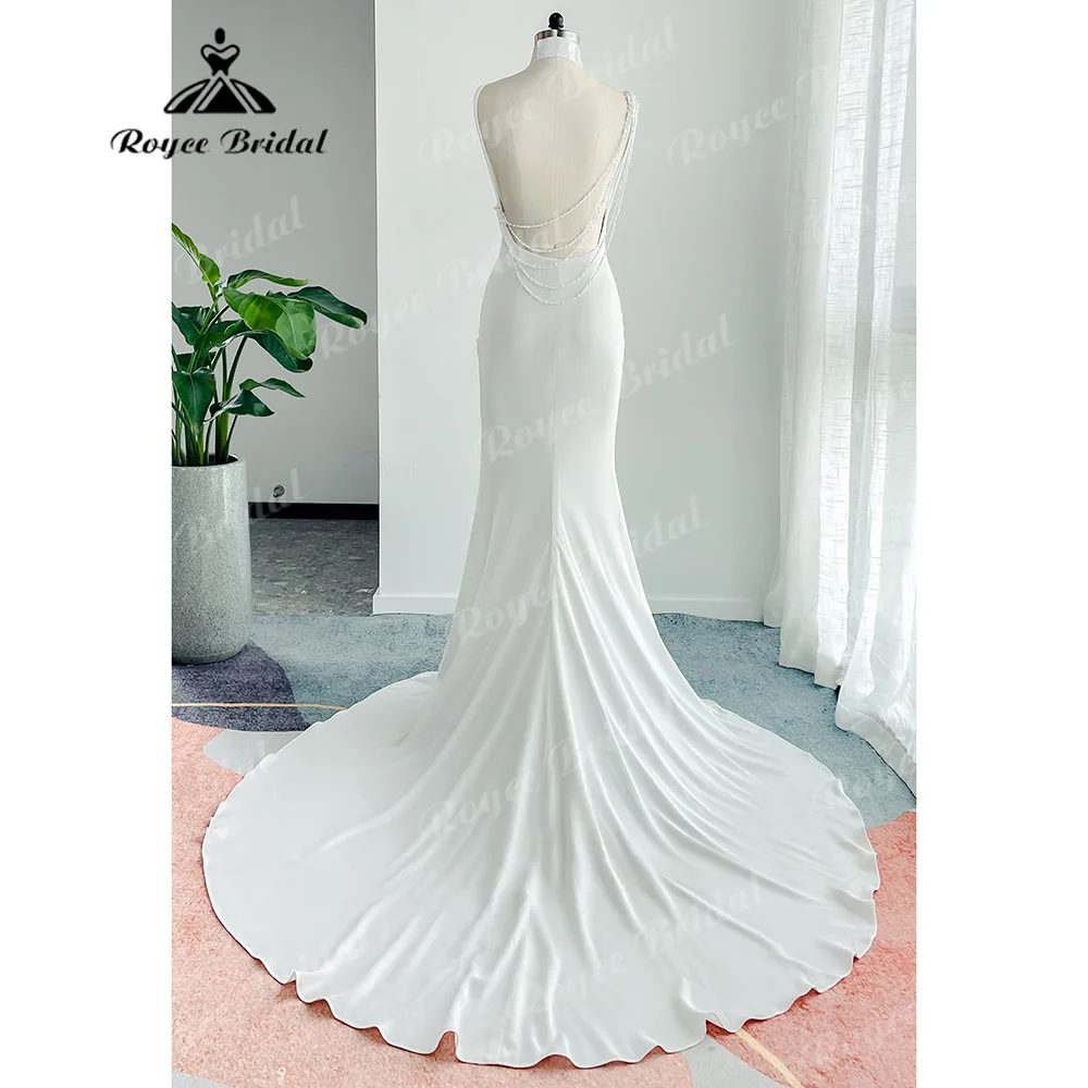 Vintage Soft Satin Sleeveless Mermaid Pearls Wedding Dress for Bride 2024 Wedding Party Dinner Gown vestidos de festa Roycebrida