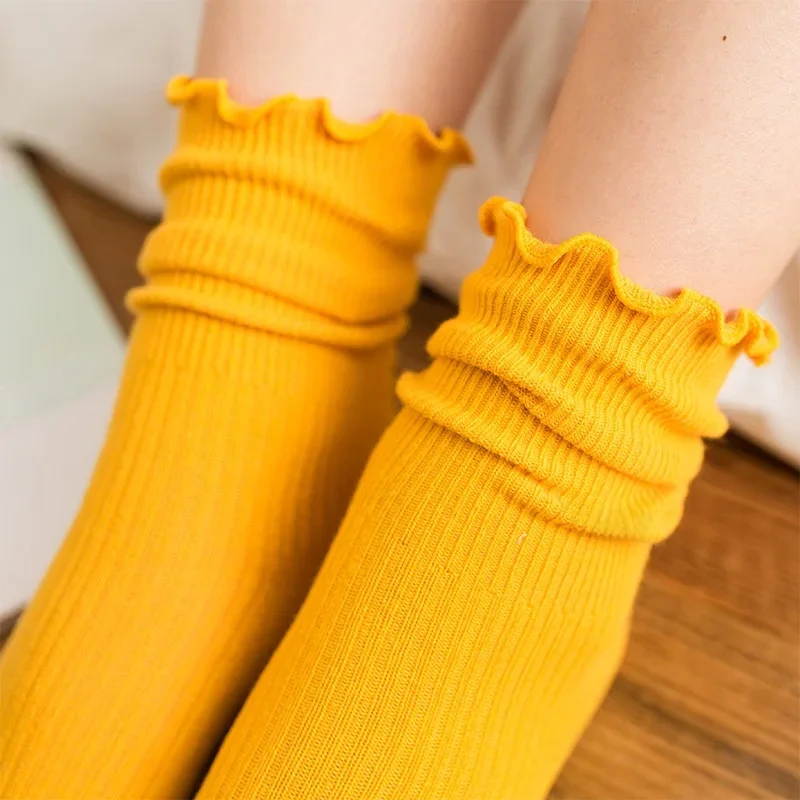 Chaussettes en coton à volants pour femmes, couleur bonbon, Lolita, Harajuku, Style japonais, princesse, décontracté, printemps été