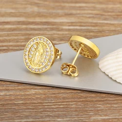 Nidin New Arrival Retro Round Shape Sparkling Zircon Charm Earrings For Women Virgin Mary Believer Ear Jewelry Daily Party Gifts