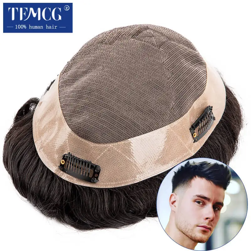 Men’s Clip-On Hair System Mono Male Wig 130% Density Durable Male Hair Prosthesis Toupee Men 6