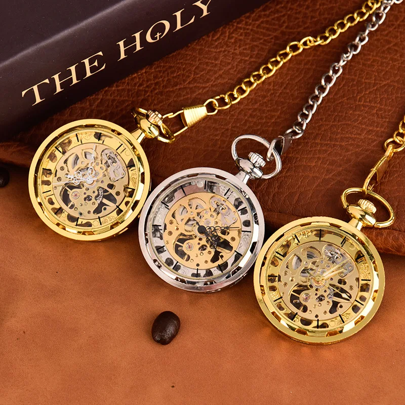 Orologio da tasca meccanico dorato di lusso per uomo donna quadrante trasparente cassa in oro orologio con ciondolo a catena Fob per regalo di raccolta