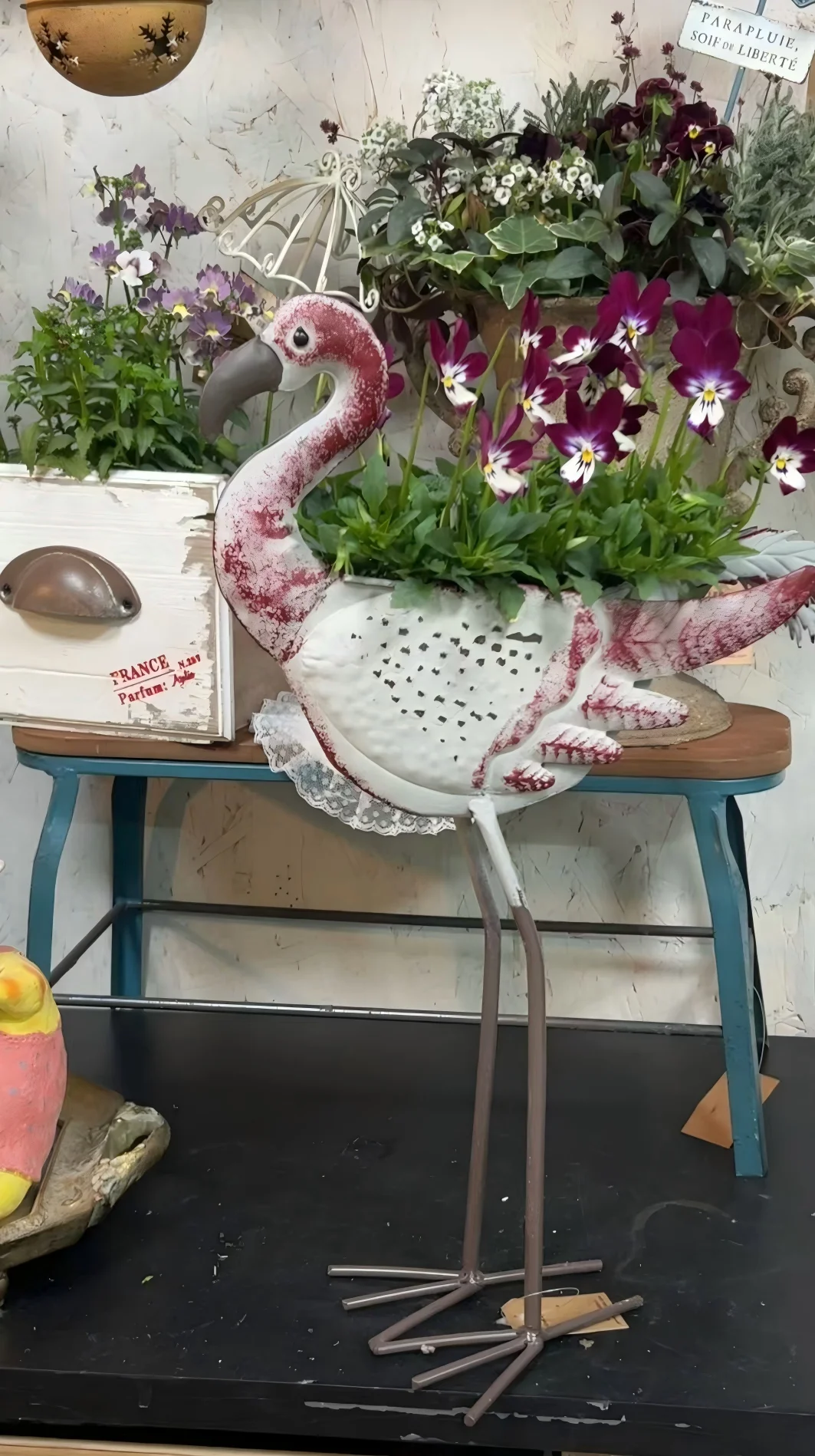 Vintage Metal Flamingo Planter Pot, Rustic Garden Bird Flower Holder, Farmhouse Balcony Patio Decor