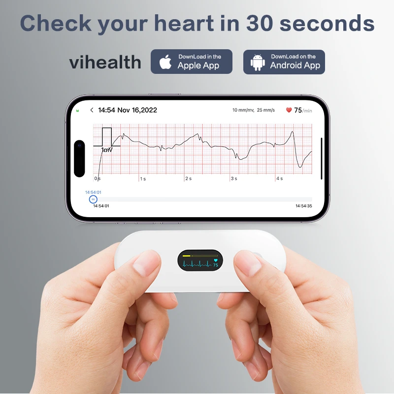 Monitor de ECG Portátil OLED Bluetooth para Monitoramento Cardíaco, Eletrocardiograma Vestível com Armazenamento de Dados Ilimitado