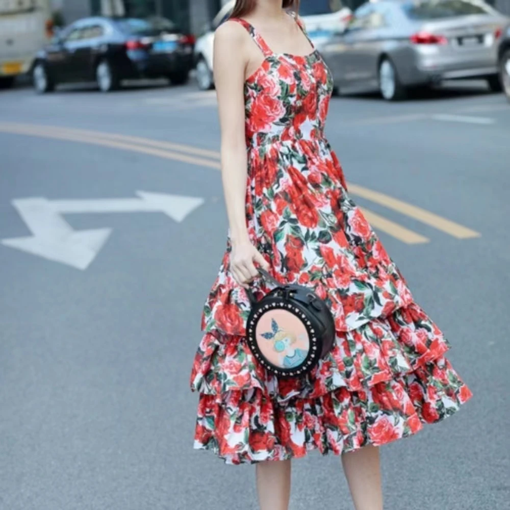 Newest Fashion 2024 Women's Dress Print Square Collar Sleeveness Romance Casual Party Club Summer