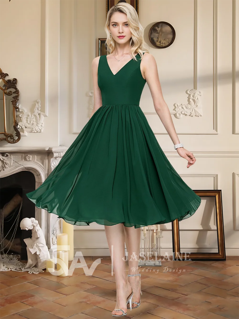 高級 A ライン V ネックシフォンカクテルドレス女性のための 2025 ノースリーブ膝丈イブニングパーティードレスウエディングウェディングドレス