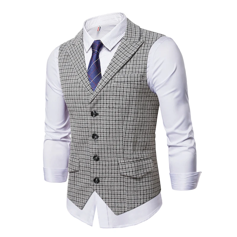 New Men\'s Plaid Suit Vest Business Casual Wedding Waistcoat Slim Fit Sleeveless Offcie Single Breasted Suit Vests Man