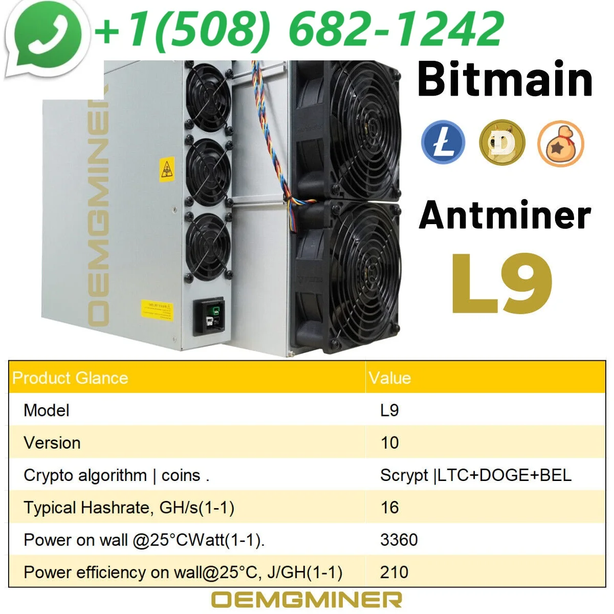 Bitmain Antminer L9 16GH 3400W Scrypt ASIC Miner Crypto Mining Machine Includes Power Supply PSU