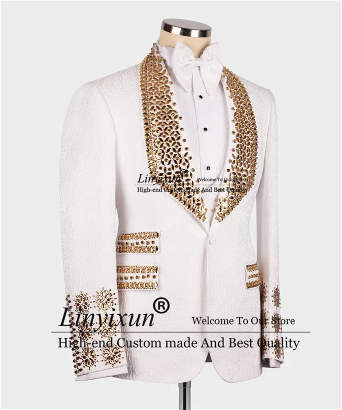 Gold Gem Stones White Tuxedo Luxury Beaded Men Suits Business Male Blazers 3 Pieces Sets Dinner Party Terno Masculino Completo