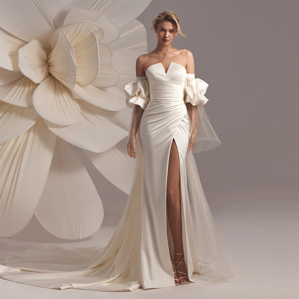 Boho Wedding Dresses Luxury Lvory Satin Pleat Front Fork Pearl Net Civil Wedding Dresses Straight Sweetheart Long Dresses 2024