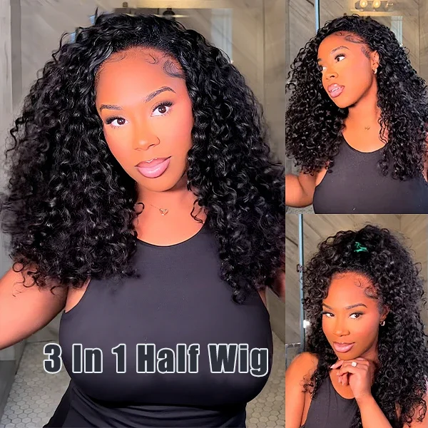 250 Density Kinky Curly Half Wig Double Drawn Invisible Drawstring Machine Made Wigs Human Hair Invisible Hairline Half Wig Natural Colored Ponytail Ready To Wear Vietnamese Human Hair Wig 18 20 22 24