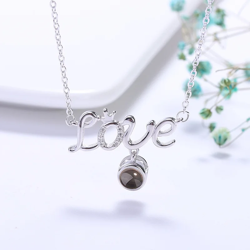 

S925 Silver Letter Love Pendant Customized Photos Projection Necklace 100 Languages I Love You Jewelry For Women