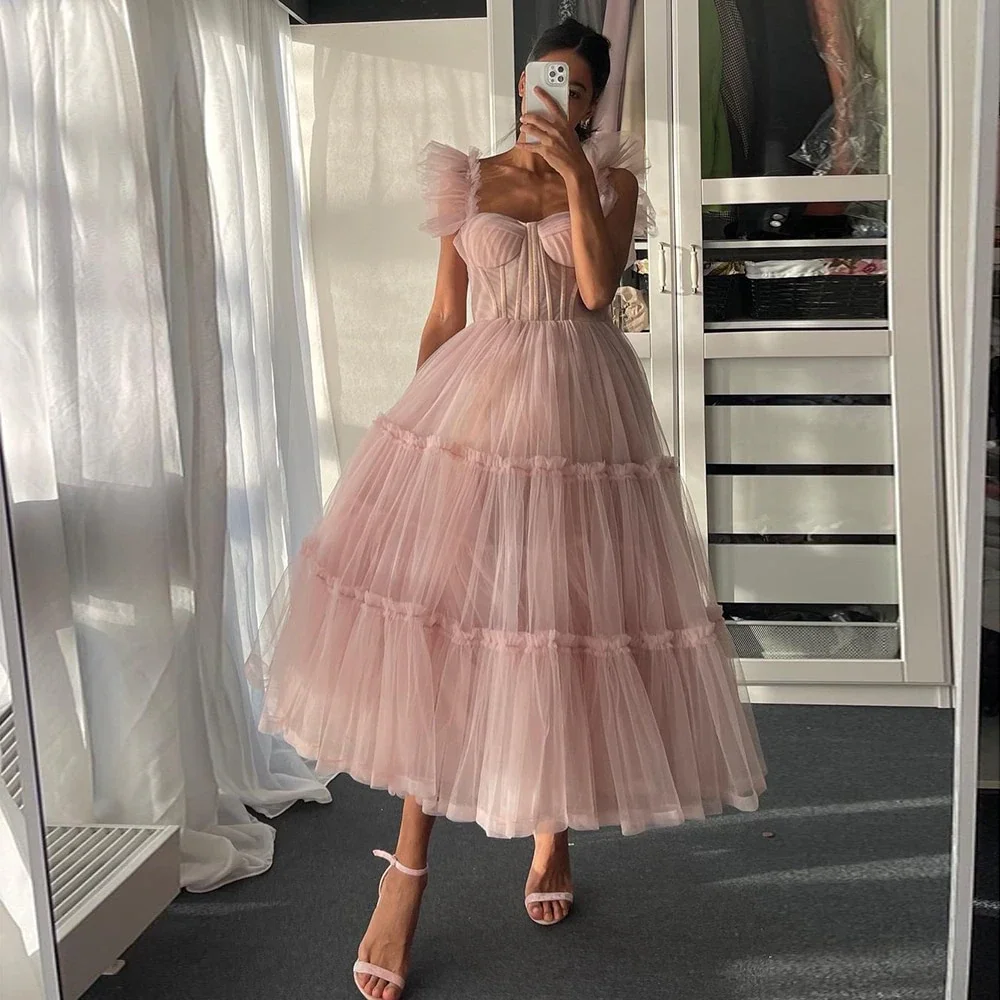 

Real Photos Pink Ruffles Sleeves Tulle A-line Princess Gown Tea Length Women Evening Prom Dress For Quinceanera Party