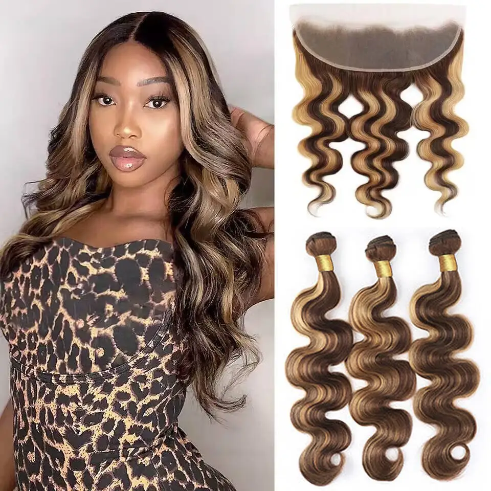 P4/27 Highlight Body Wave 3 Bundles With 13x4 Lace Frontal Human Hair Bundles With Closure 10A Virgin Remy Human Hair #P4/27